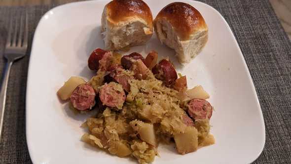Finished kielbasa and sauerkraut